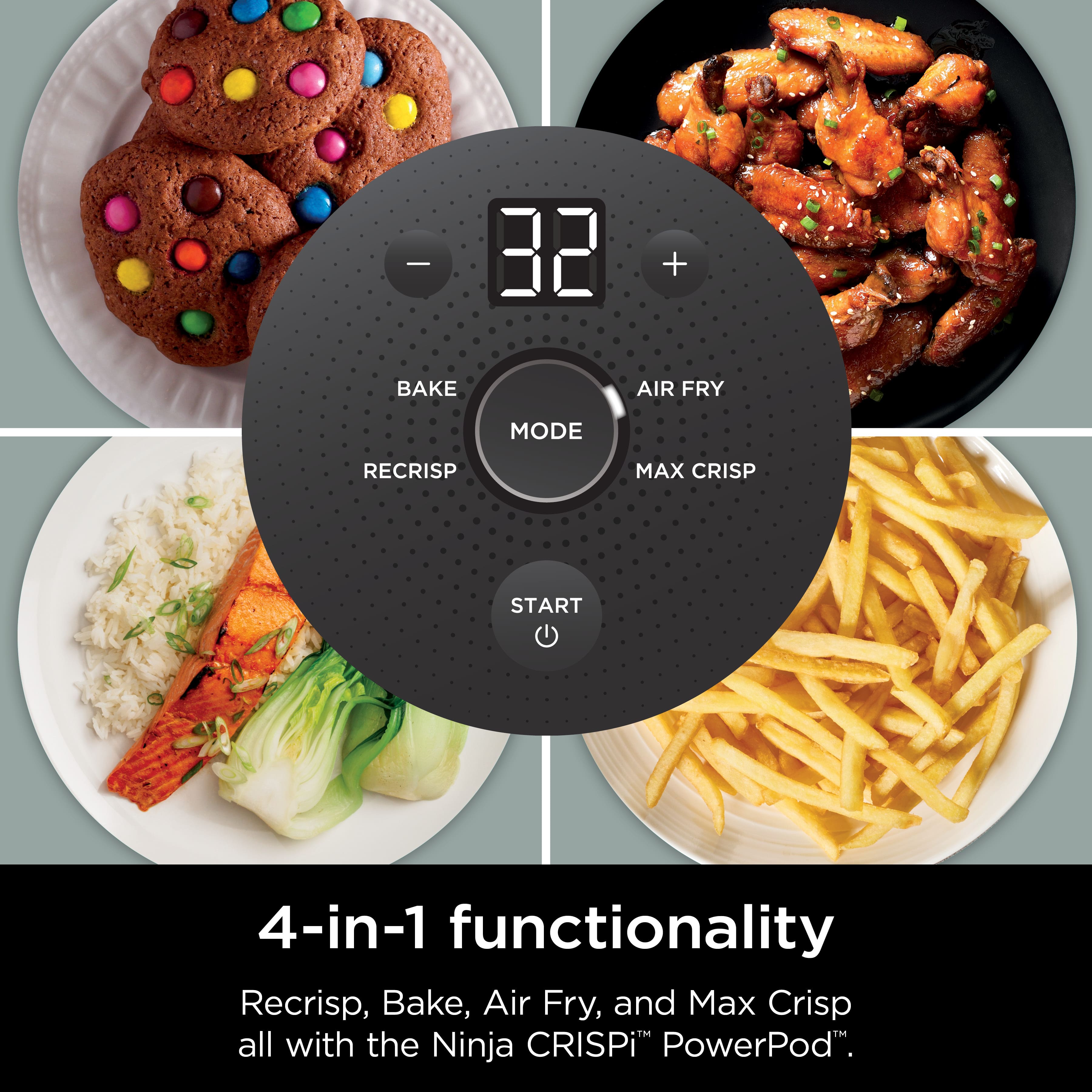 The image features a 4-in-1 functionality device that allows users to cook various foods using different modes. The device has a display that shows the current mode, which is "Bake." The image also shows a timer that indicates the time remaining for the cooking process. The device is designed to cook foods such as cookies, french fries, and other dishes using the Ninja CRISPi PowerPod.