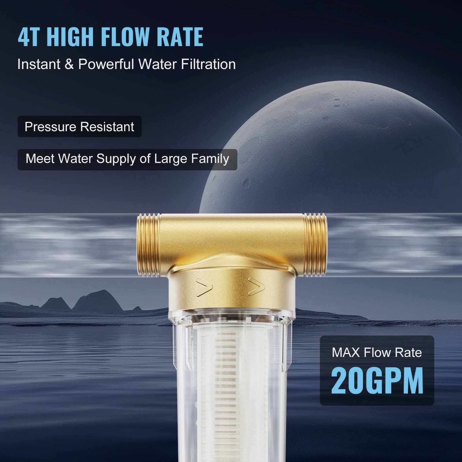 4T HIGH FLOW RATE  
Instant & Powerful Water Filtration  

Pressure Resistant  
Meet Water Supply of Large Family  

MAX Flow Rate  
20GPM