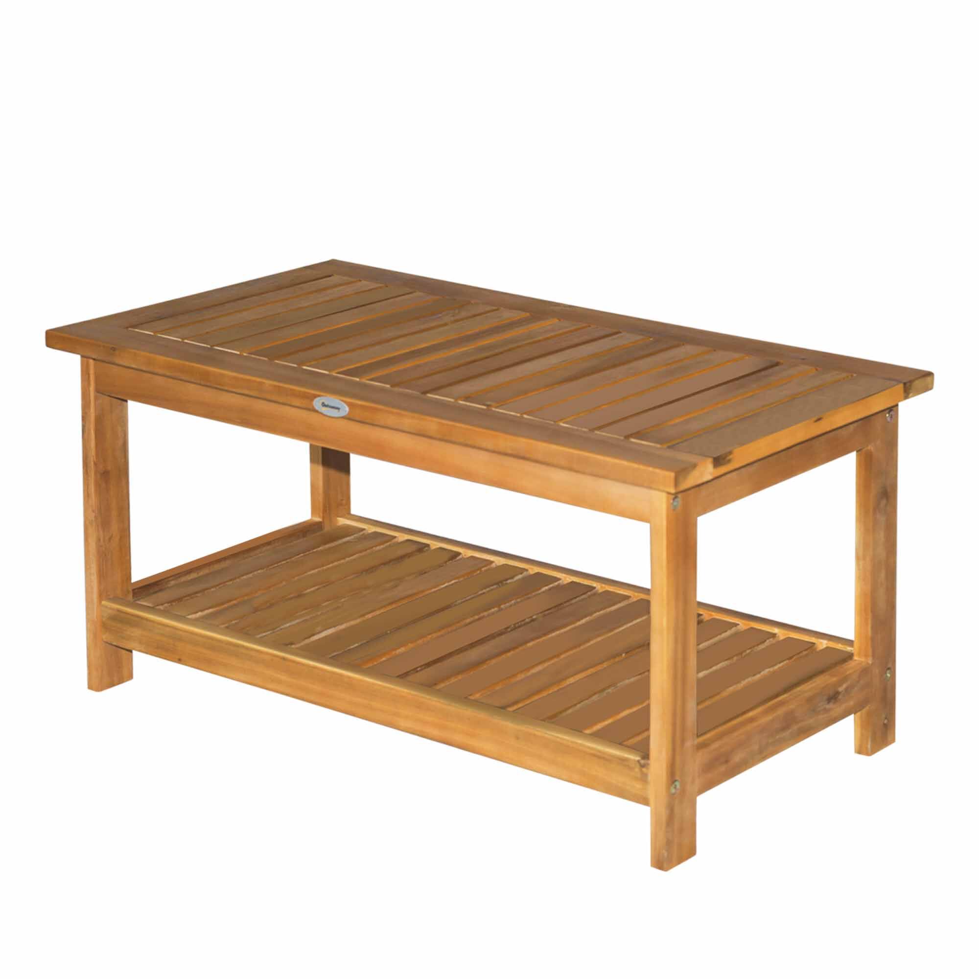 Front. Outsunny - 36" Outdoor Coffee Table 2-Shelf Acacia Wood Rectangular Buffet Storage Organizer Natural Finish Teak Patio - Teak.