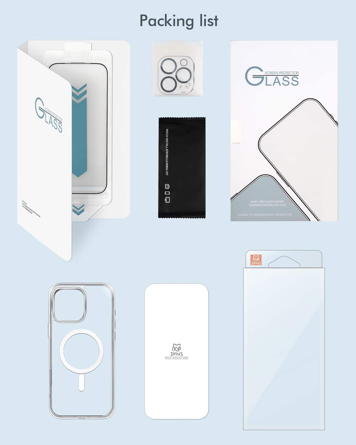 Packing List:
1. Glass Screen Protector
2. Patch Installation Kit
3. Cleaning Kit
4. Screen Protector Glass
5. Professional Protection
6. Glass Protection
7. Protective Film
8. Tempered Glass
9. Clear Protective Film
10. Glass Screen Protector