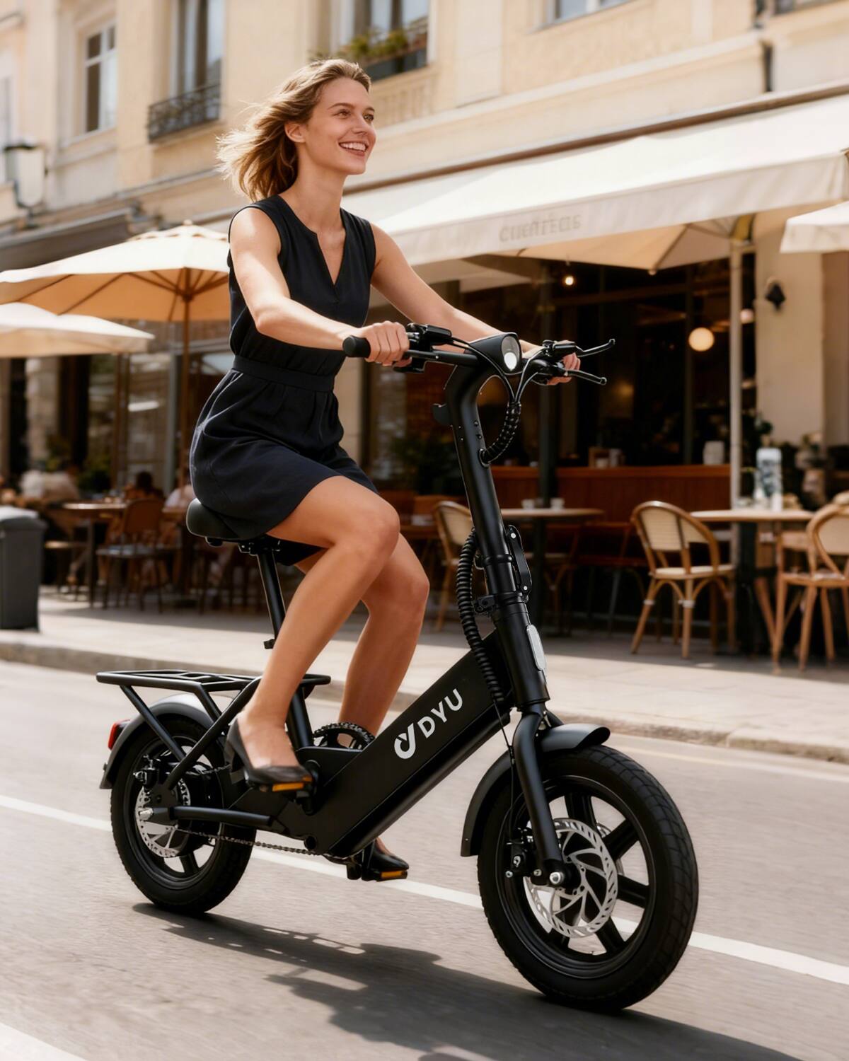 The text on the image is:

- "YU"
- "YU" (on the scooter)
- "CUENTOS" (on the awning in the background)