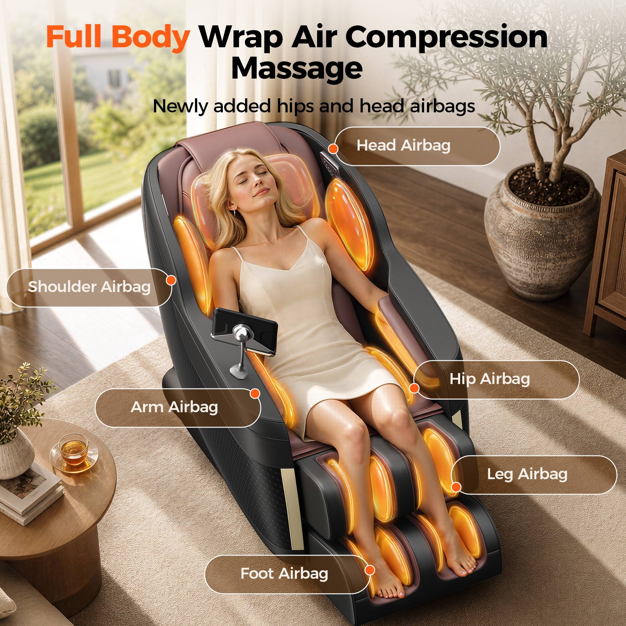 Full Body Wrap Air Compression Massage  
Newly added hips and head airbags  
Head Airbag  
Shoulder Airbag  
Arm Airbag  
Hip Airbag  
Leg Airbag  
Foot Airbag