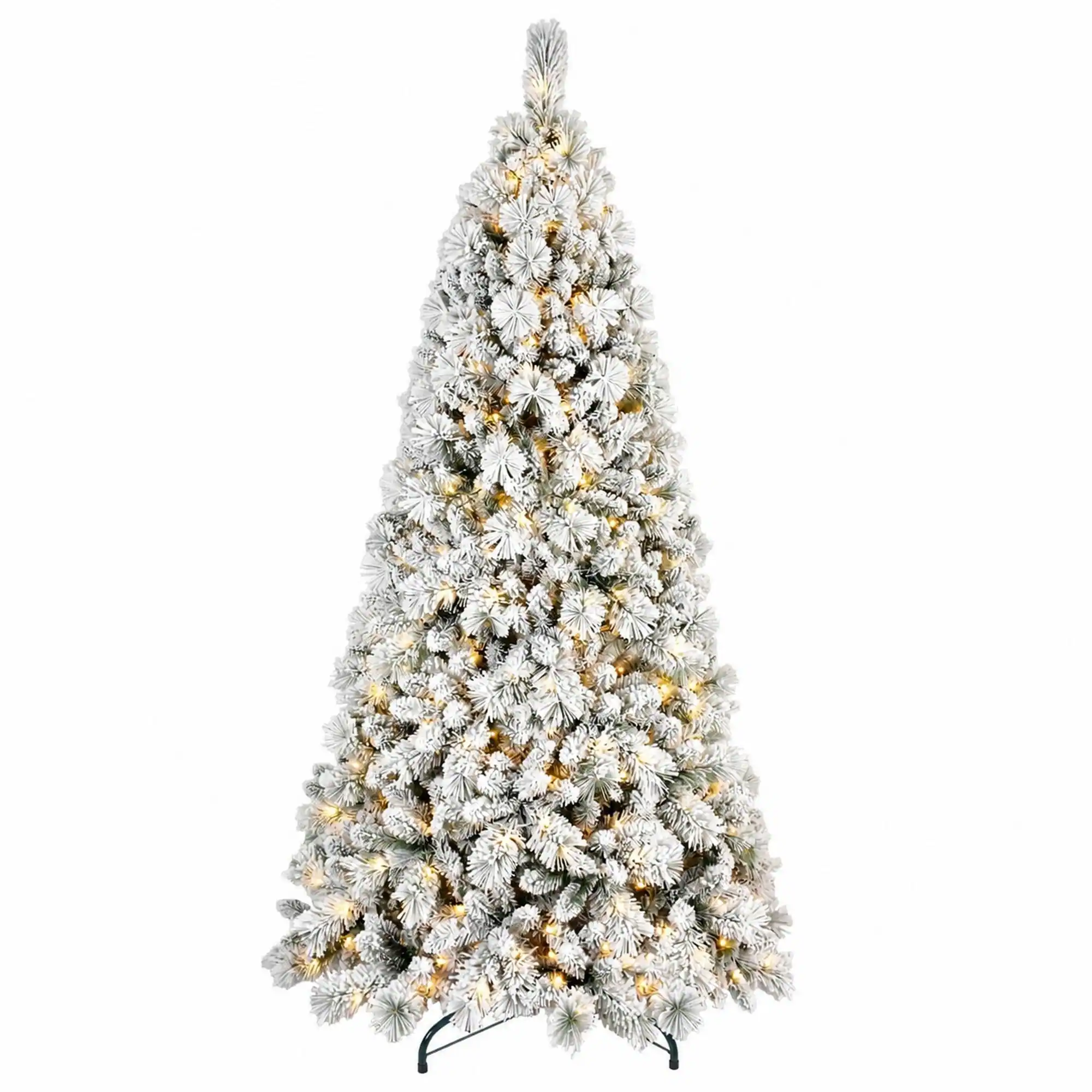 Front. RYHNUYNE - 9FT Flocked Pre-Lit Christmas Tree, 750 Warm White LED Lights 1964 Tips PVC Hard Needle Hinged Design Sturdy Metal Stand - Green,White.