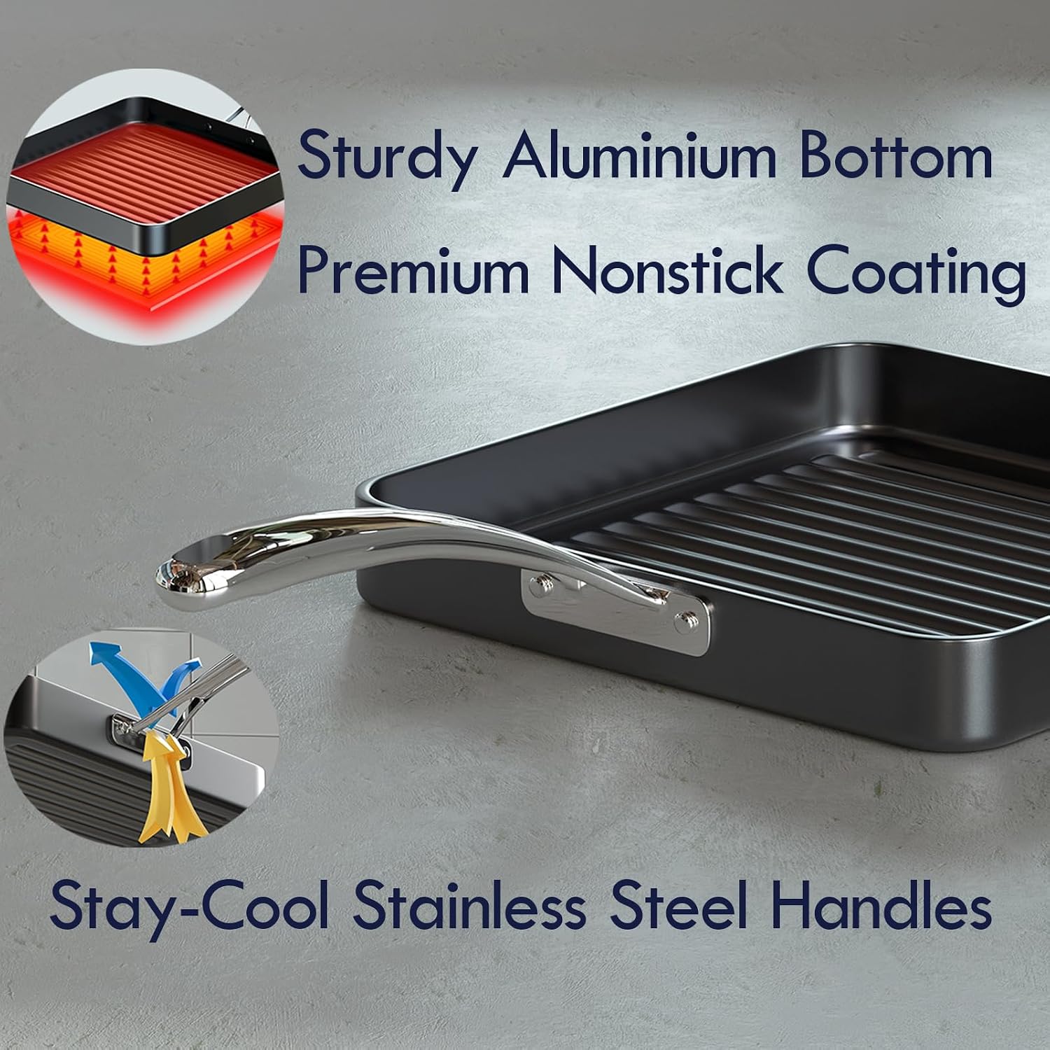 Sturdy Aluminium Bottom  
Premium Nonstick Coating  
Stay-Cool Stainless Steel Handles