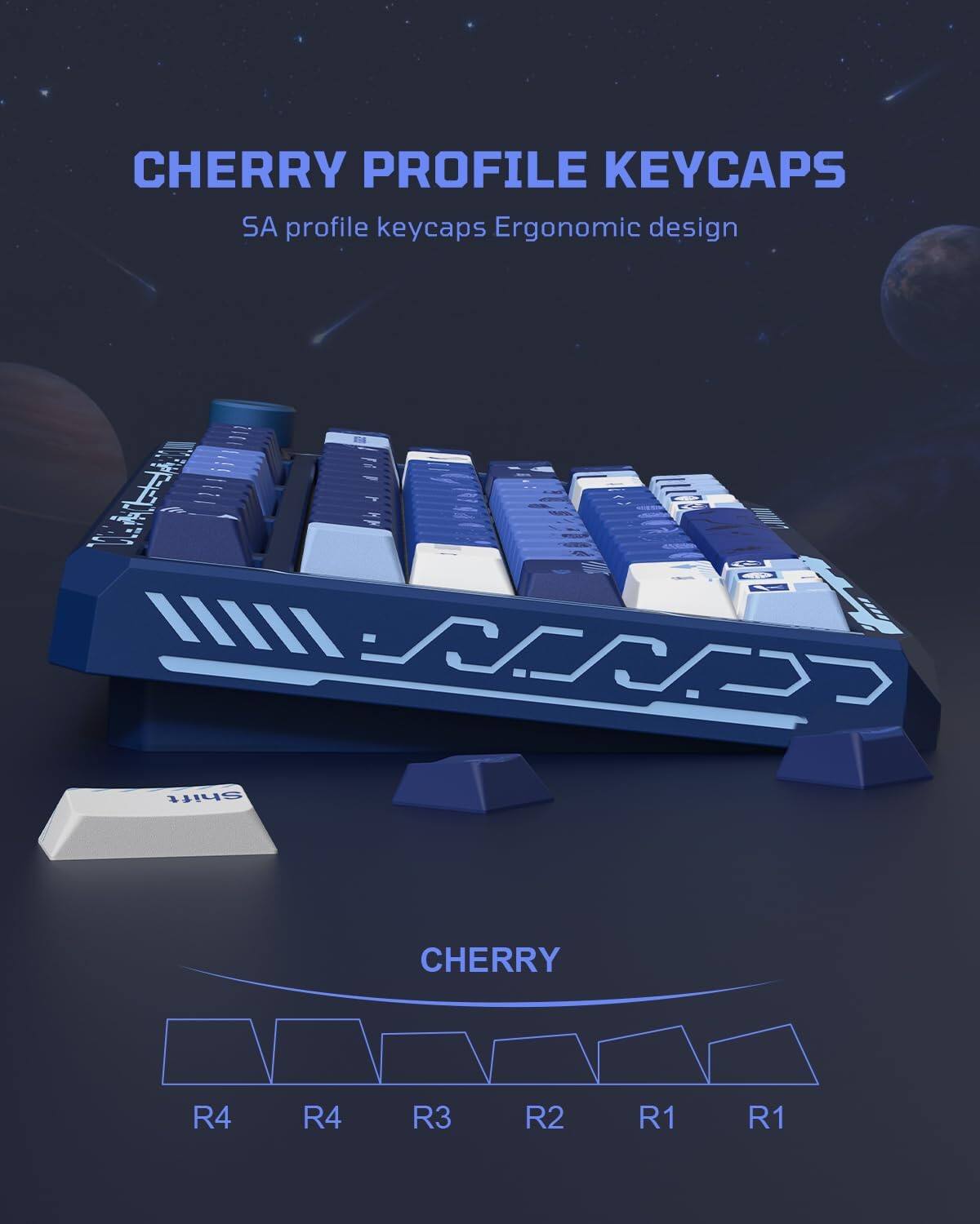 CHERRY PROFILE KEYCAPS  
SA profile keycaps  
Ergonomic design  

CHERRY  
R4 R4 R3 R2 R1 R1