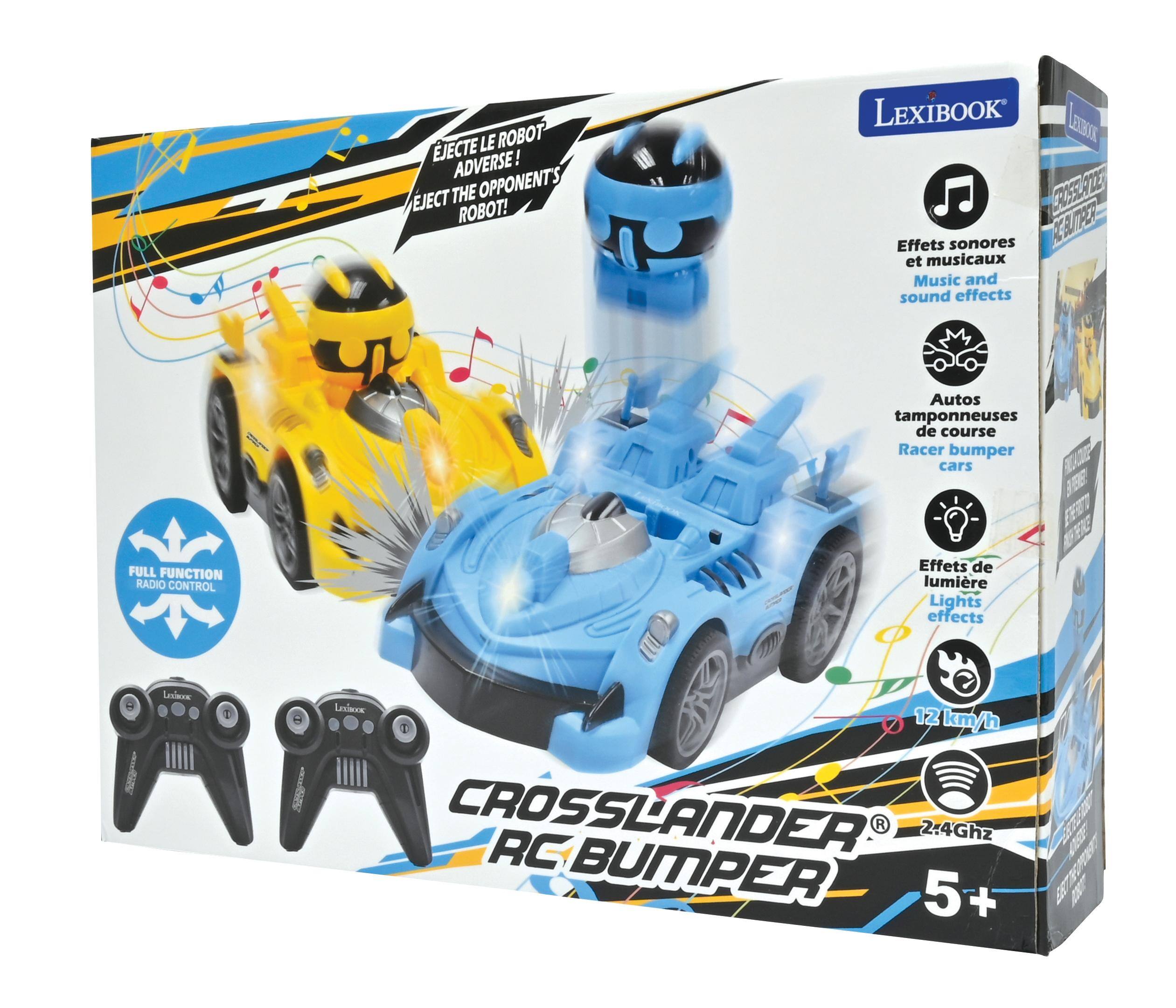 EJECTE LE ROBOT ADVERSE!  
EJECT THE OPPONENT'S ROBOT!  

LEXIBOOK L  
J ERASESRTE  

Effets sonores et musicaux  
Music and sound effects  

Autos tamponneuses de course  
Racer bumper cars  

FULL FUNCTION RADIO CONTROL  

Effets de lumière  
Lights effects  

12 km/h  

CROSSLANDER RC 2.4Ghz BUMPER 5+
