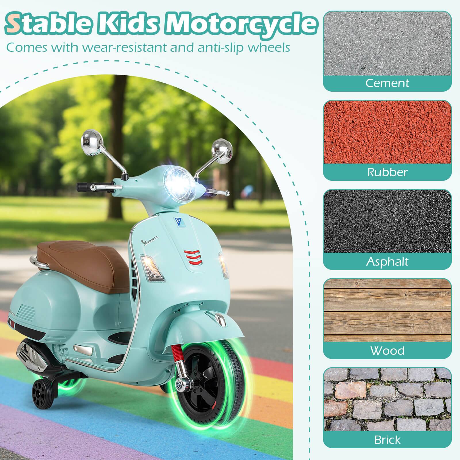 Stable Kids Motorcycle  
Comes with wear-resistant and anti-slip wheels  

- Cement  
- Rubber  
- Asphalt  
- Wood  
- Brick
