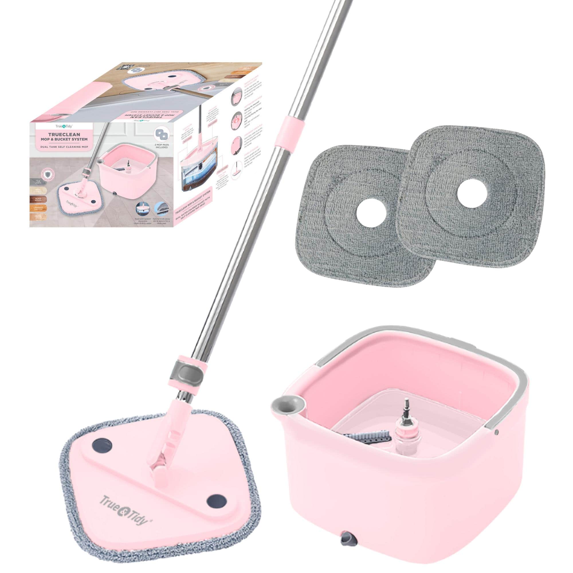 - TrueClean Mop & Bucket System
- Dual-Tank Easy Cleaning Mop
- TrueTidy