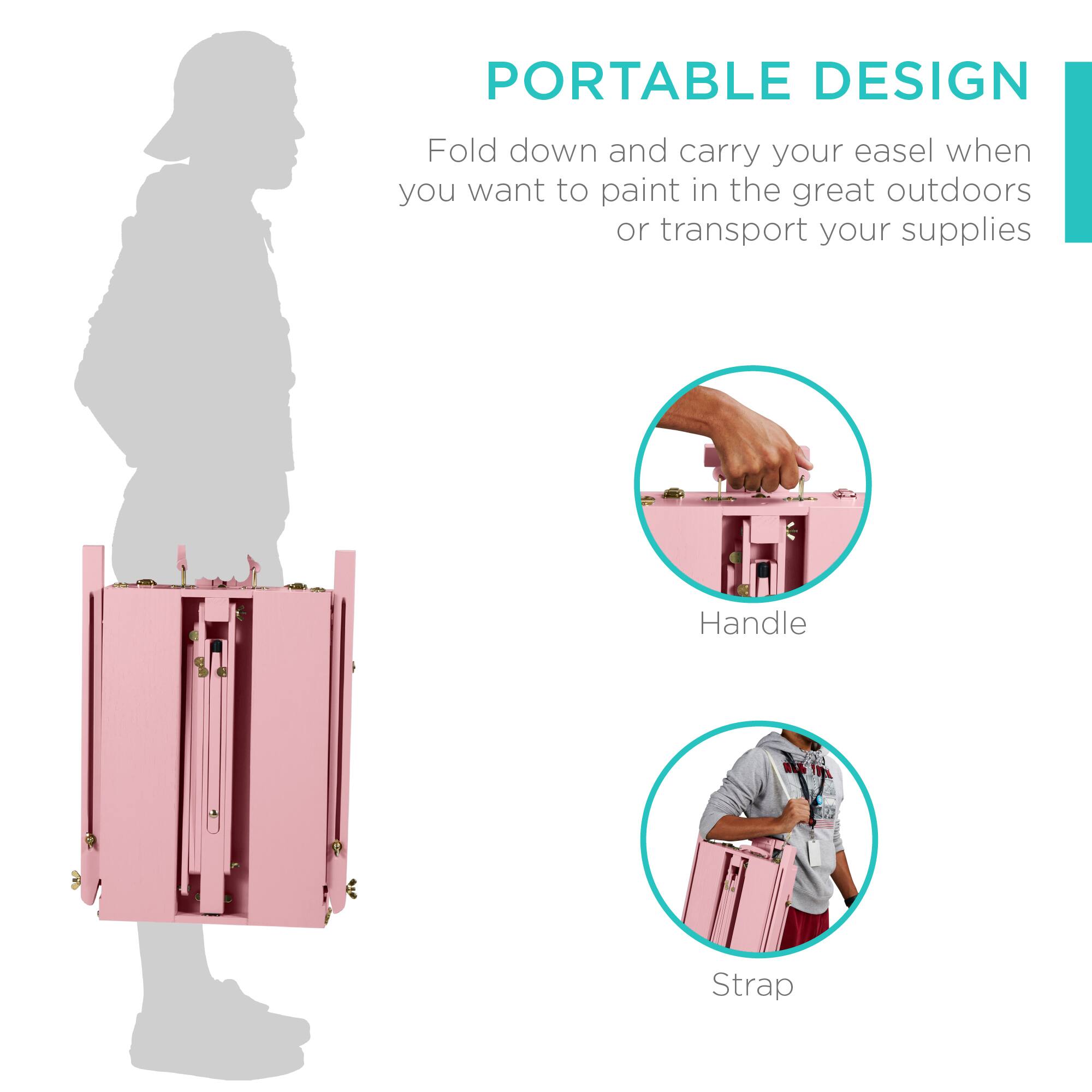 PORTABLE DESIGN  
Fold down and carry your easel when you want to paint in the great outdoors or transport your supplies  

Handle  
Strap