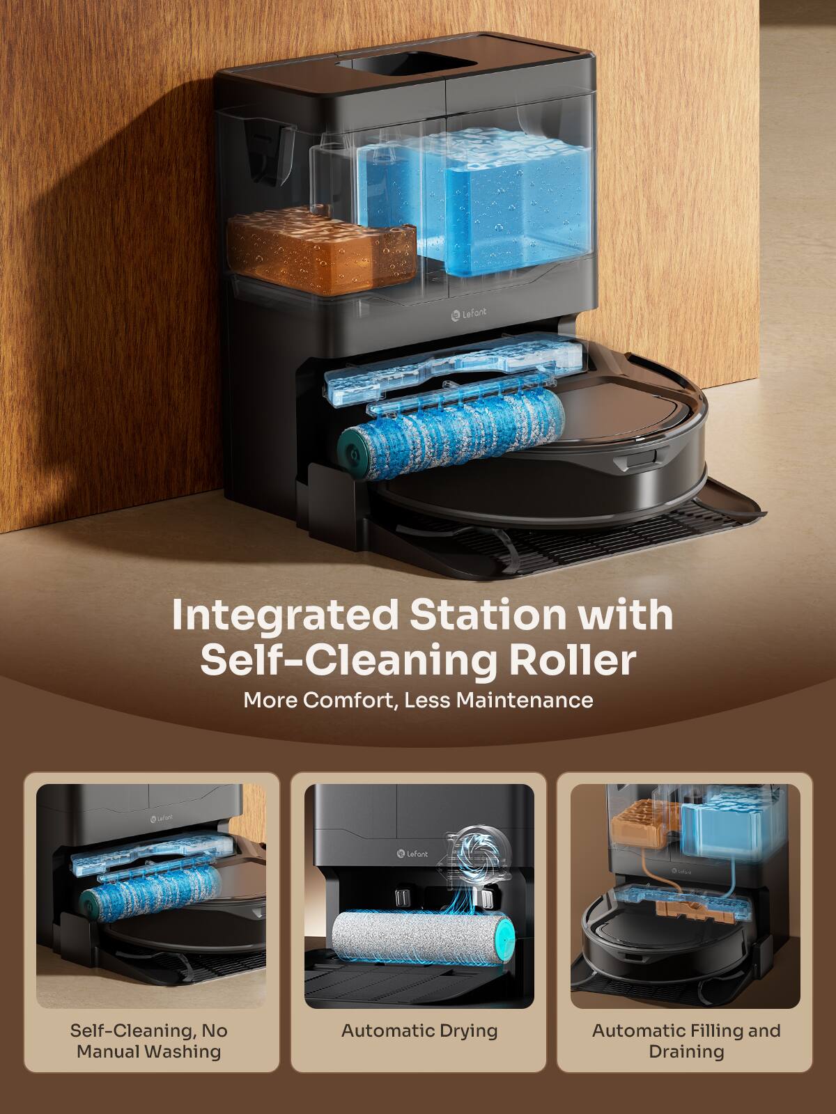 Integrated Station with Self-Cleaning Roller  
More Comfort, Less Maintenance

Self-Cleaning, No Manual Washing  
Automatic Drying  
Automatic Filling and Draining