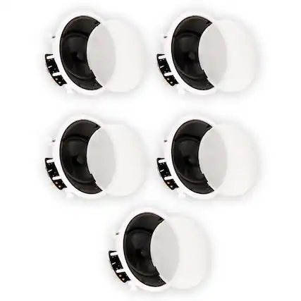 Front. Theater Solutions by Goldwood - TSS8A Flush Mount Angled Deluxe In Ceiling Speakers with 8" Woofers 5 Speaker Set - Paintable White.