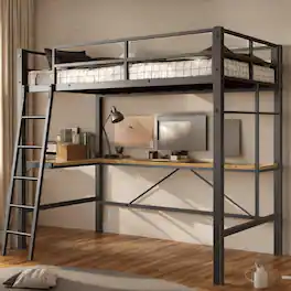 ATOPSUN - Heavy-Duty Metal Twin Loft Bed with Desk, Ladder & Guardrail, Noise-Free, Space-Saving, No Box Spring Needed - Black