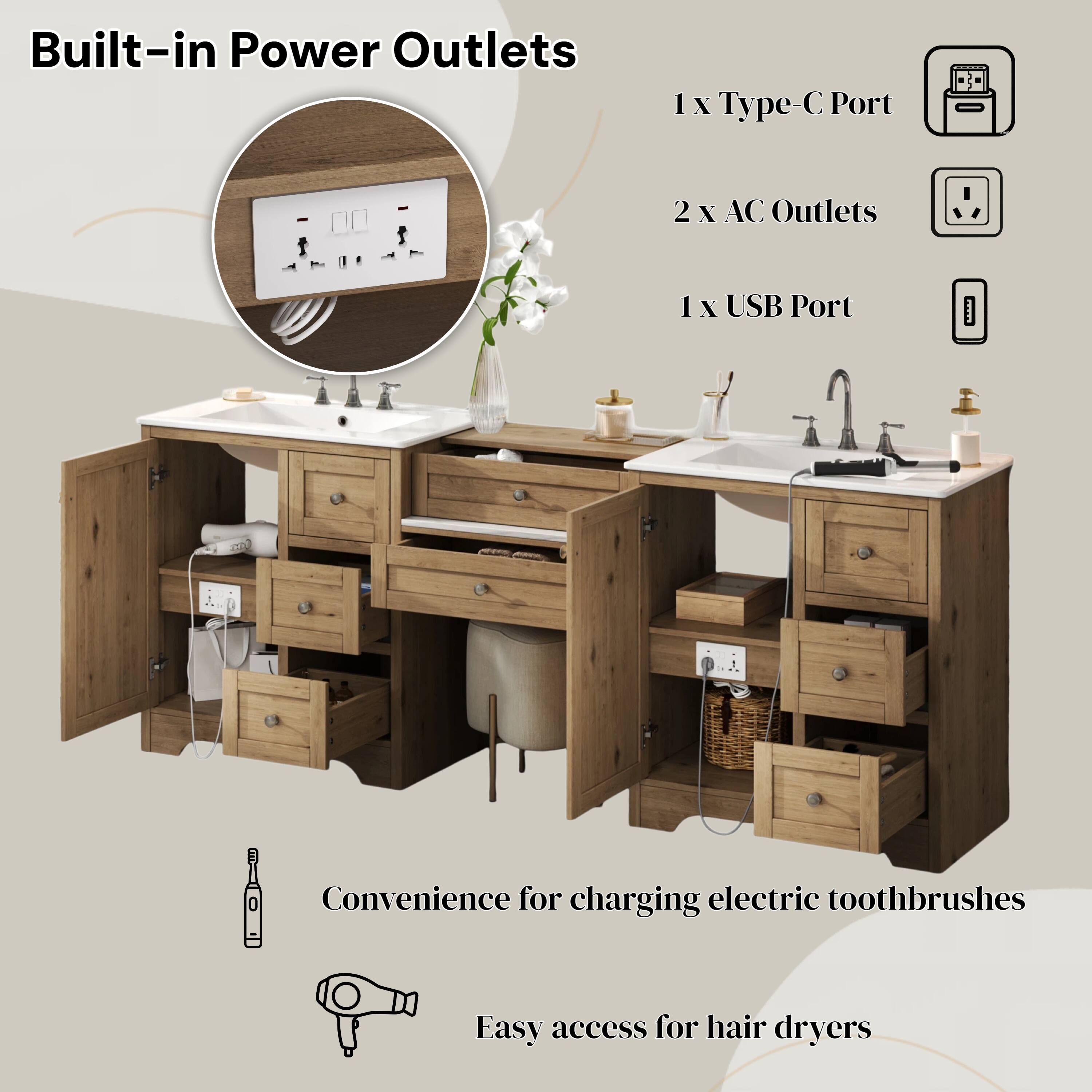 Built-in Power Outlets

- 1 x Type-C Port
- 2 x AC Outlets
- 1 x USB Port

Convenience for charging electric toothbrushes

Easy access for hair dryers