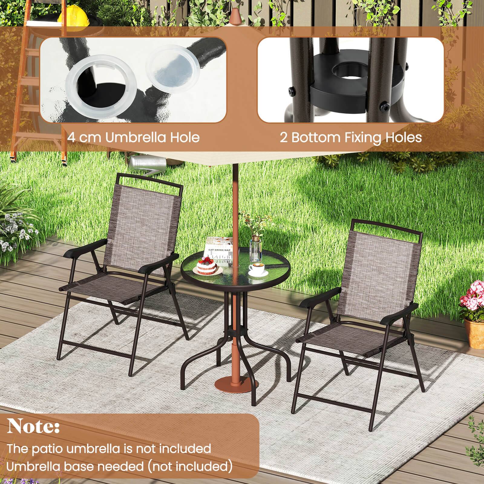 4 cm Umbrella Hole  
2 Bottom Fixing Holes  

ENT SUNESAF  
AIGH HON  

Note:  
The patio umbrella is not included  
Umbrella base needed (not included)