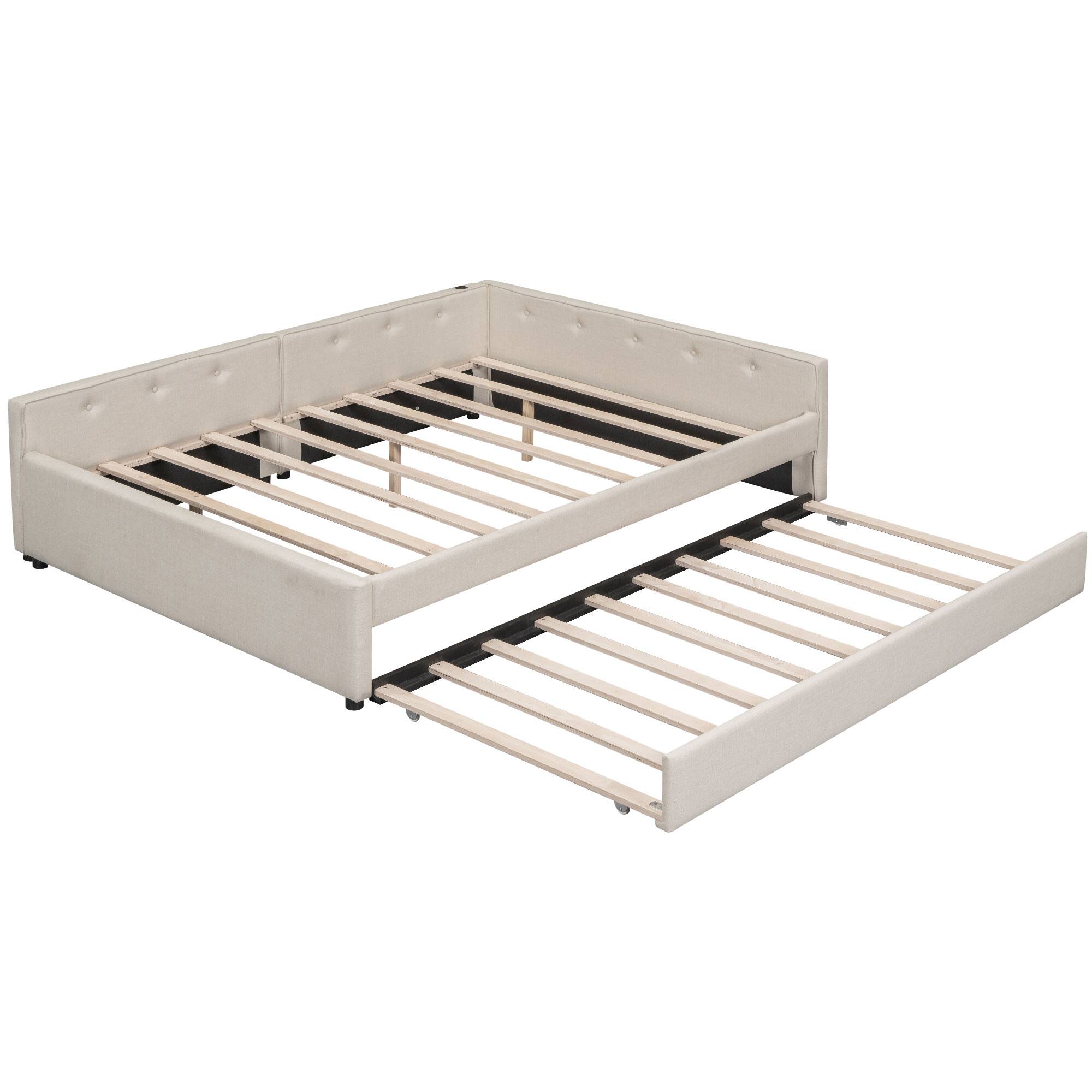 Alt View 1. LUCKY ONE - Queen Size Upholstered Platform Bed with USB and Twin Size Trundle - Beige.