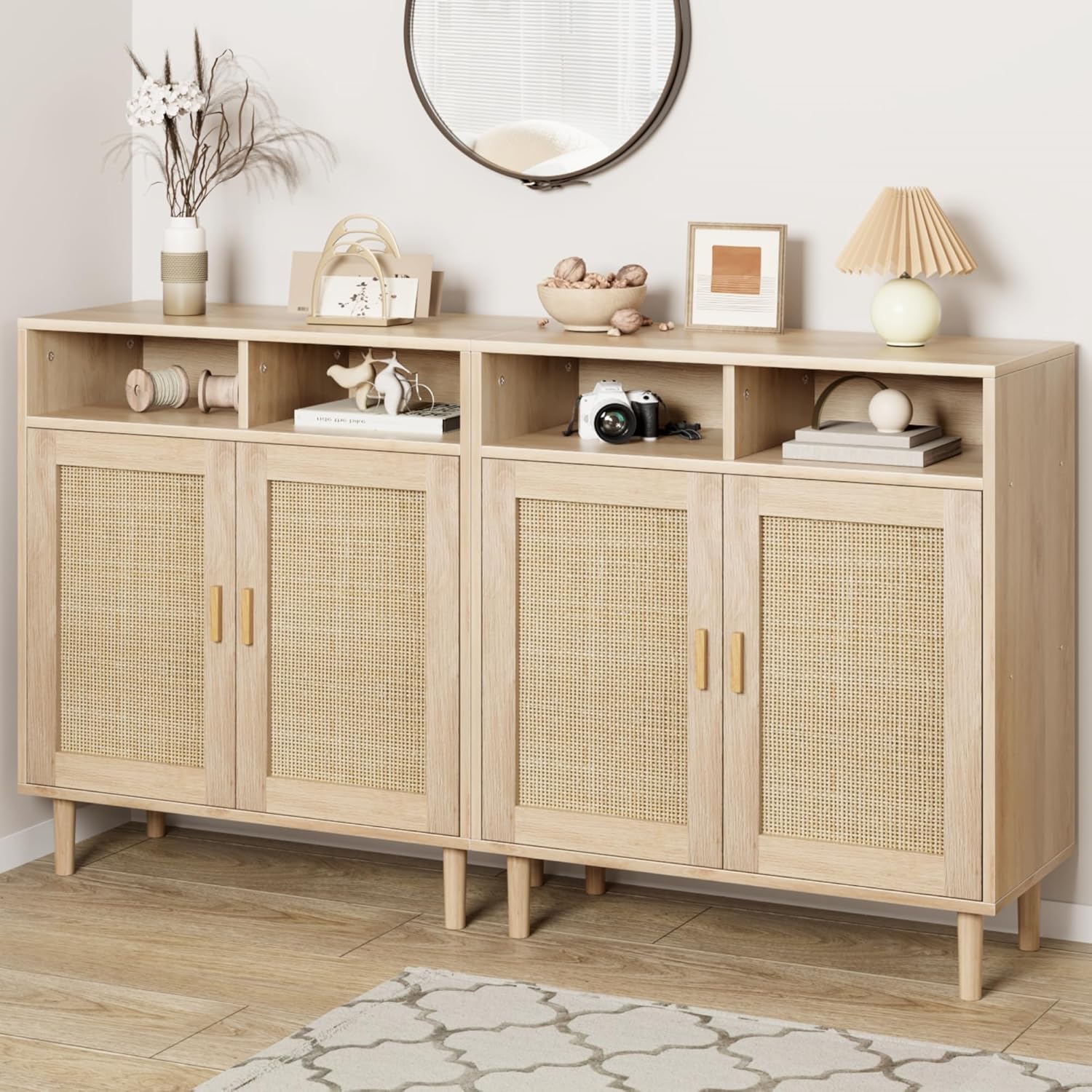 Alt View 1. Babevy - 2 Pack Rattan Sideboard Buffet Cabinet with 2 Doors, Modern Storage for Kitchen, Dining & Coffee Bar - Natural.
