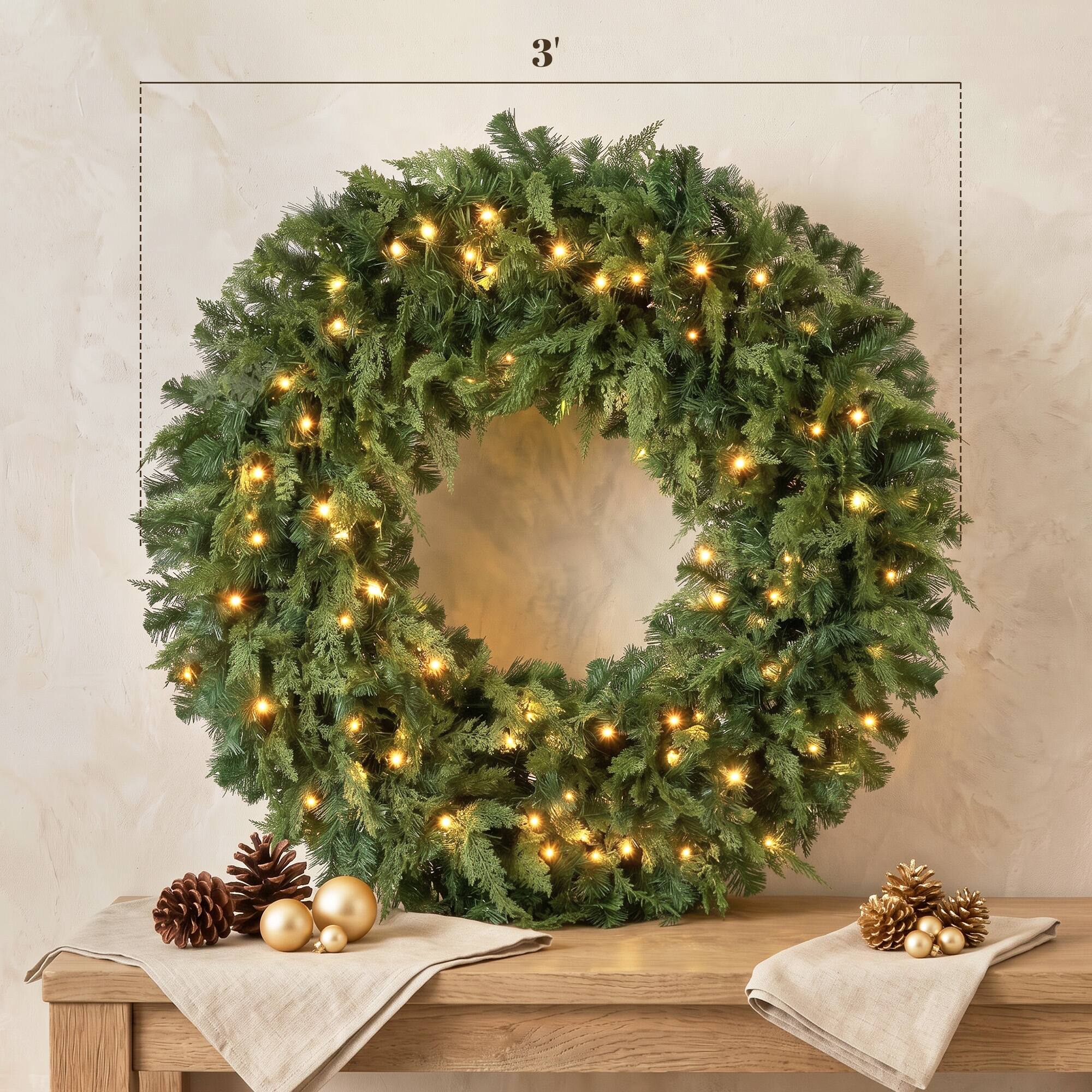 Alt View 2. Homcom - Prelit Crestwood Spruce Artificial Christmas Wreath, Christmas Decor with Bow, LEDs, 8 Modes - Green.