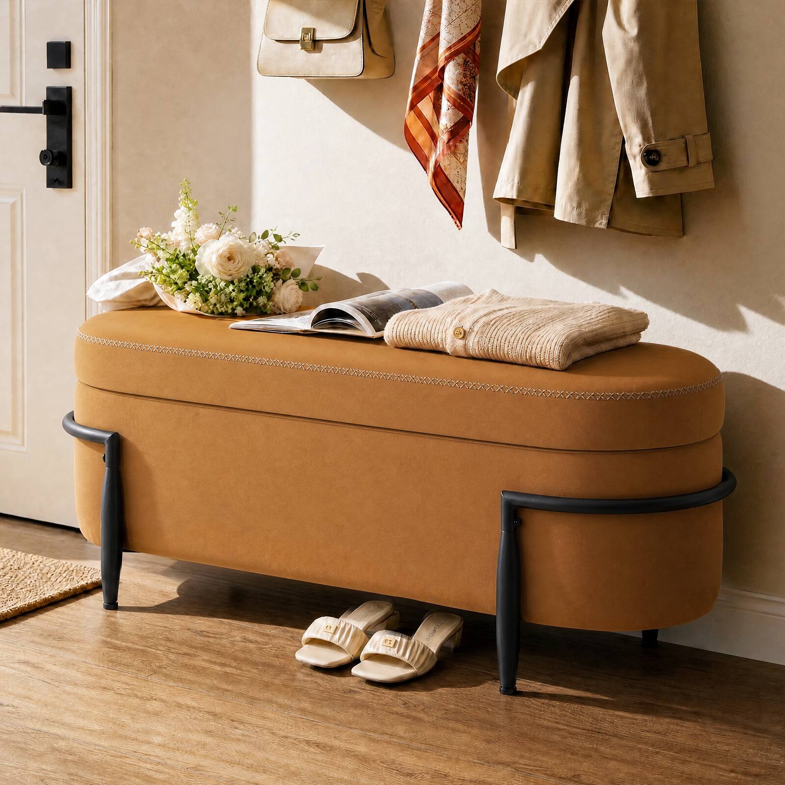 Alt View 1. ModernMate - Brenno 43.3" Wide Cognac Bench Bedroom Ottoman with Spacious Storage and Adjustable Feets - Cognac.