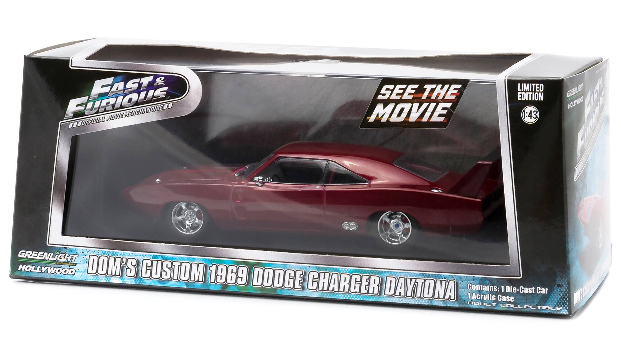 Furious Fast & Furious Official Movie Merchandise See the Movie Limited Edition 1:43 Go-Social Light Hollywood Greenlight Hollywood Dom's Custom 1969 Dodge Charger Daytona Contains: 1 Die-Cast Car 1 Acrylic Case Collectible