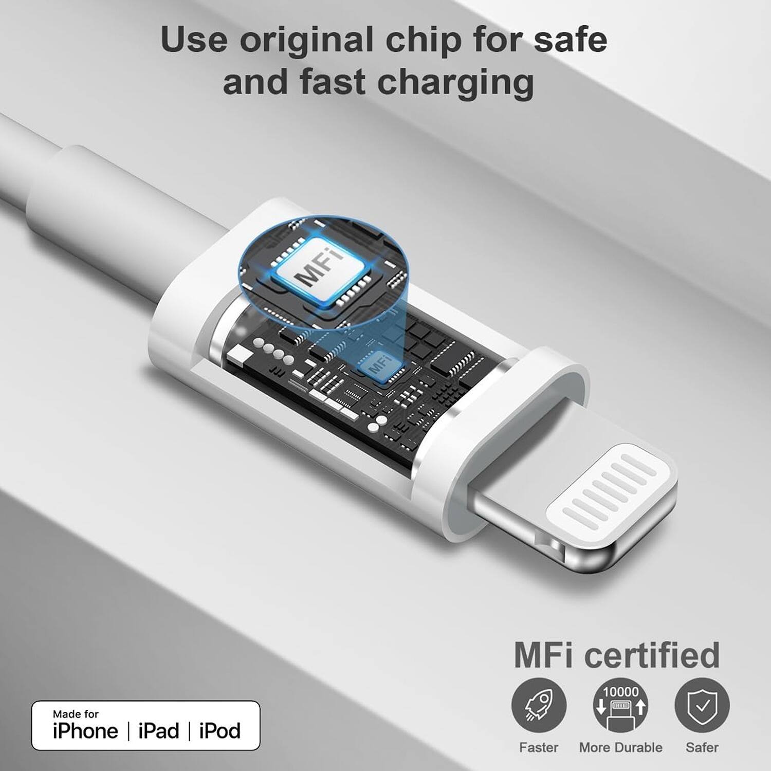 Use original chip for safe and fast charging

MFi certified

Made for iPhone | iPad | iPod

Faster
More Durable
Safer