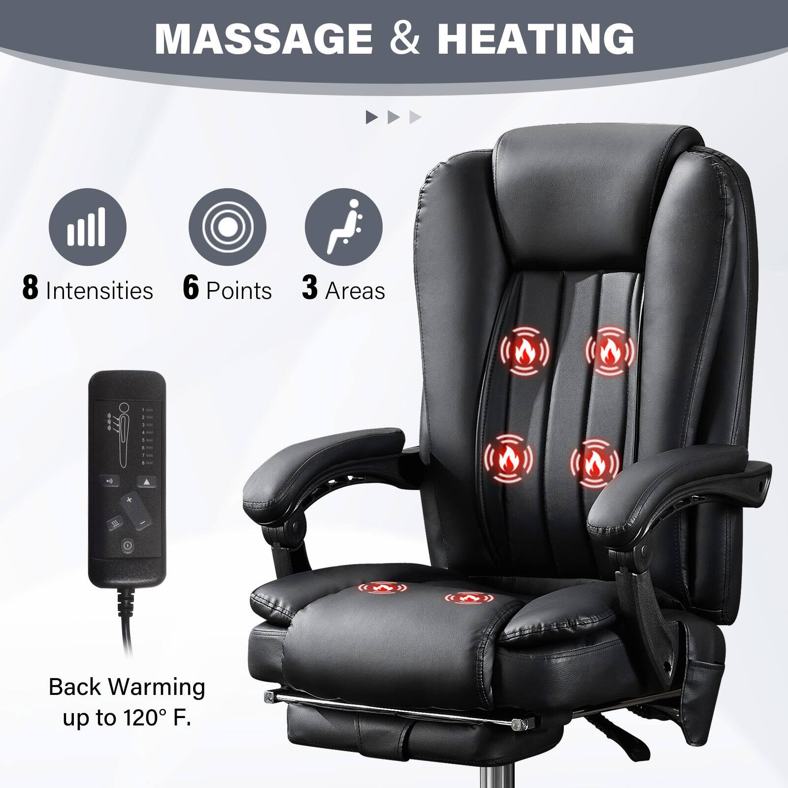 MASSAGE & HEATING

8 Intensities  
6 Points  
3 Areas  

Back Warming up to 120° F.