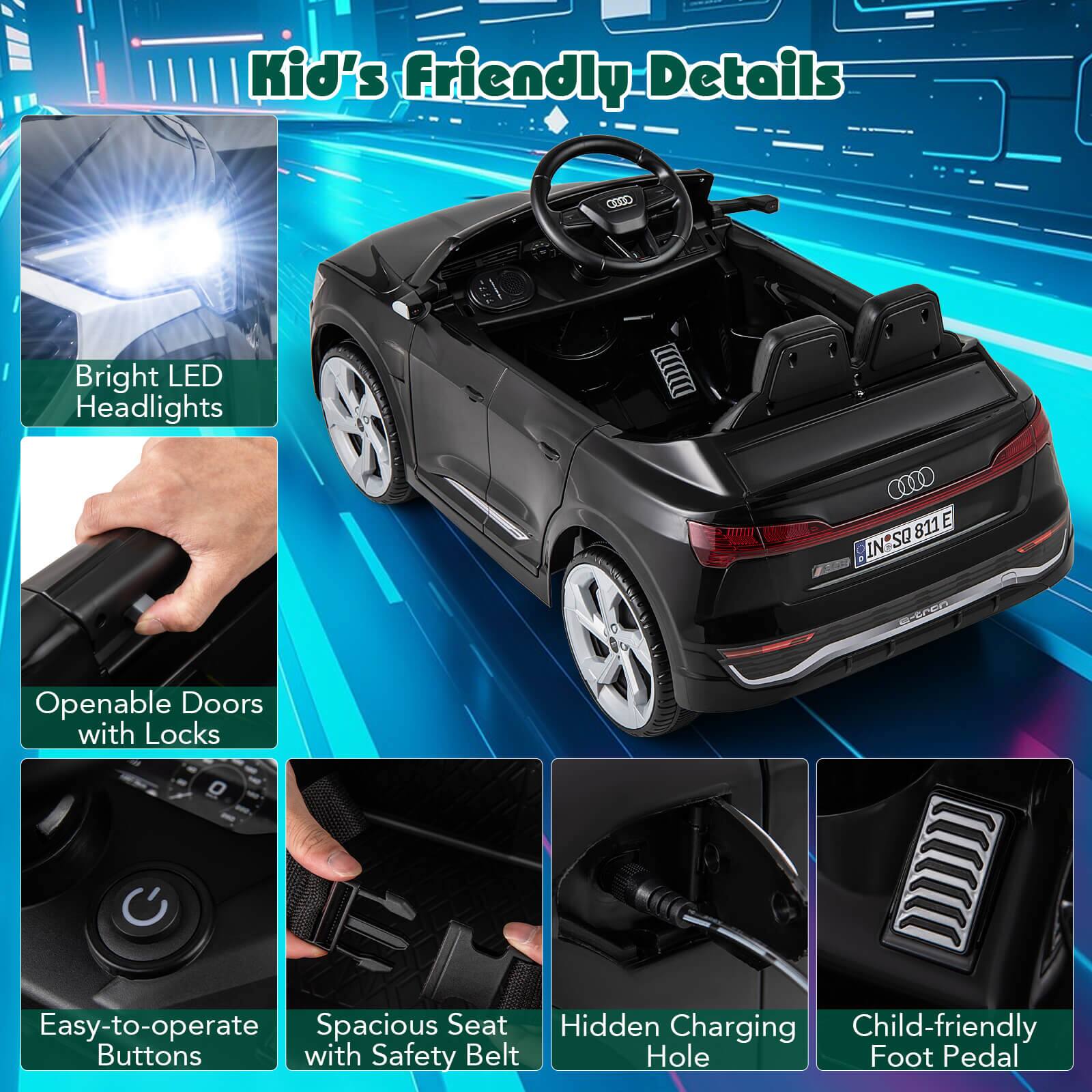 Kid's Friendly Details

- Bright LED Headlights
- Openable Doors with Locks
- Easy-to-operate Buttons
- Spacious Seat with Safety Belt
- Hidden Charging Hole
- Child-friendly Foot Pedal
