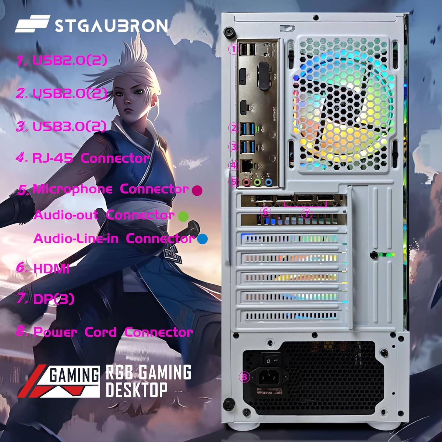 STGAUBRON 1. USB2.0(2) 1 2. USB2.0(2) 2 3. USB3.0(2) 3 4. RJ-45 Connector 4 5. Microphone Connector 5 Audio-out Connector 6 7 Audio-Line-in Connector 7 6. HDMI 6 8. DP(3) 8 9. Power Cord Connector 9 GAMING RGB GAMING DESKTOP B B - S -