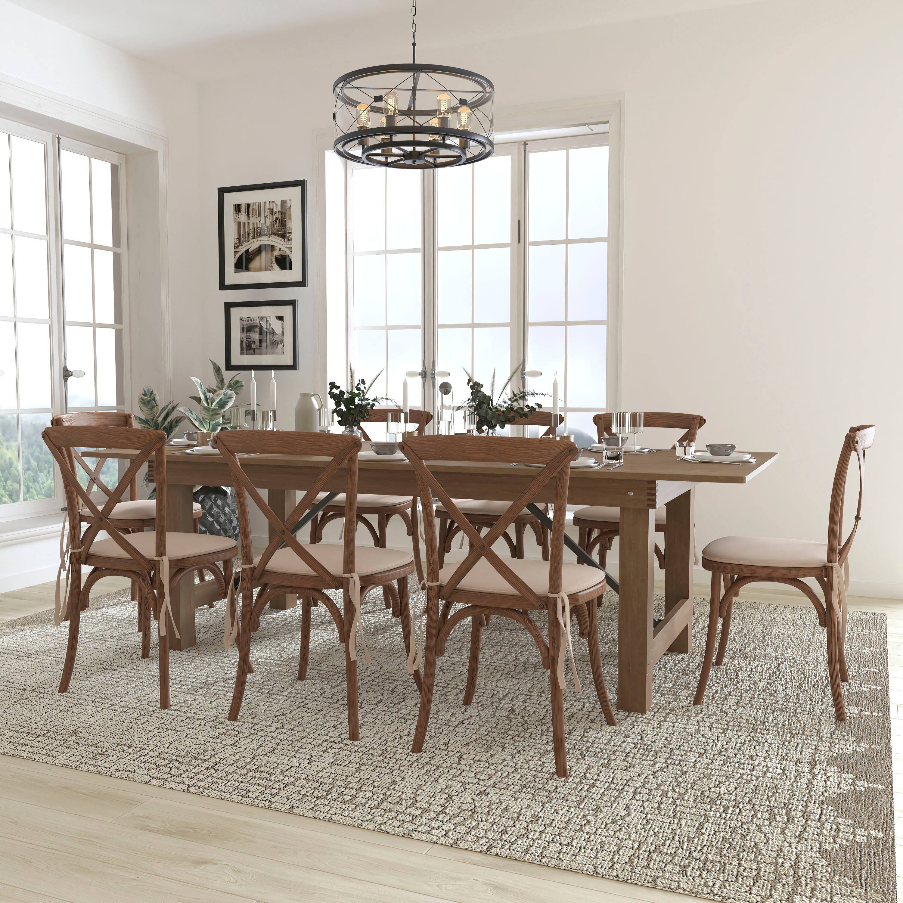 Angle. Flash Furniture - HERCULES Series 8' x 40'' Antique Rustic Folding Farm Table Set with 8 Cross Back Chairs and Cushions - Brown.
