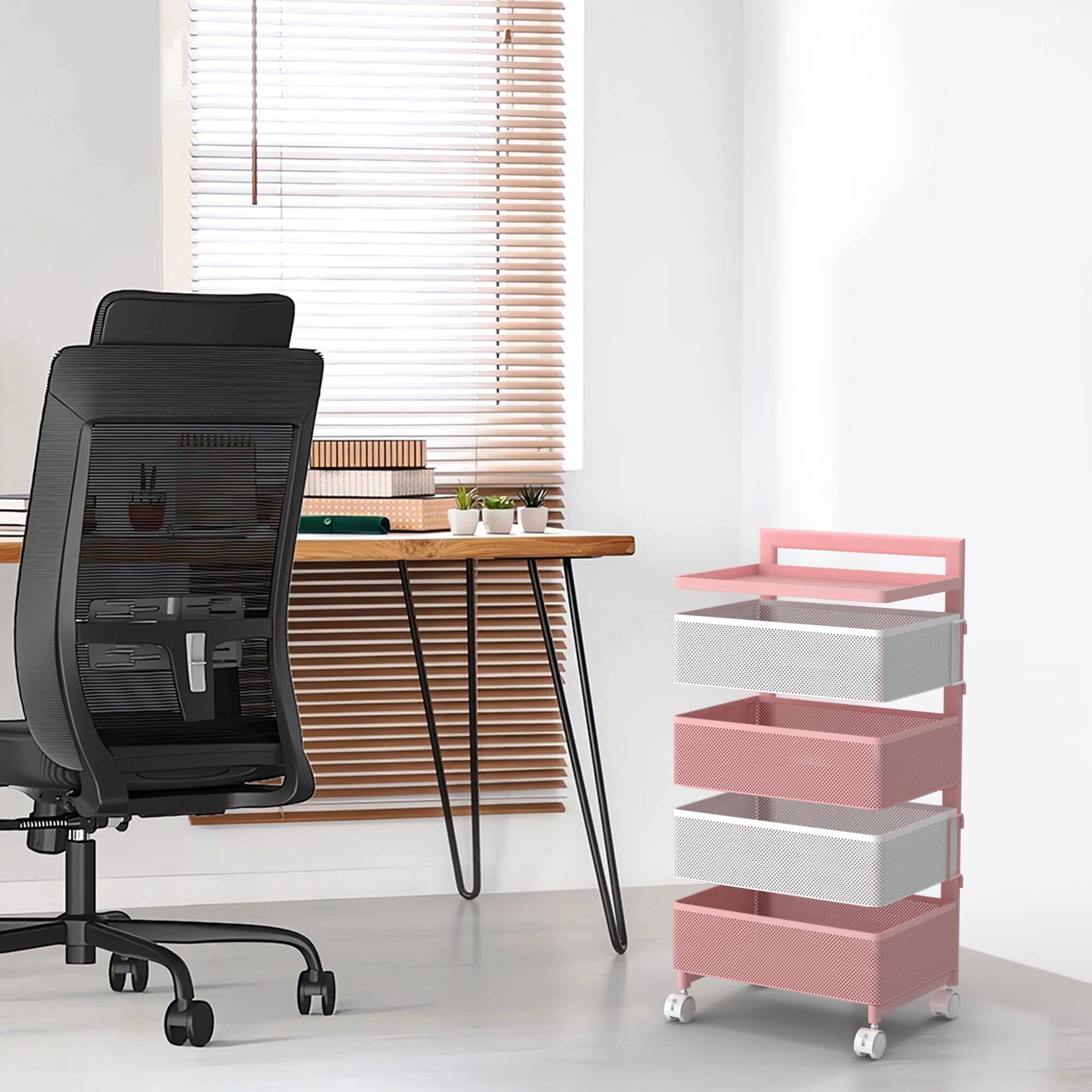 Alt View 2. Malletson - 5-Tier Rotating Kitchen Storage Cart with Wheels, Metal Mesh Organizer for Fruits, Vegetables, and Kitchen Supplies - White Pink.