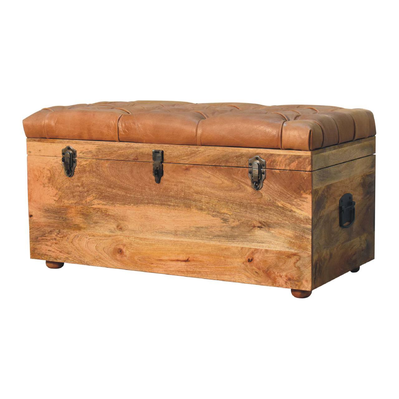 Left. Artisan Furniture - Artisan Furniture Solid Wood Buffalo Hide Oak-ish Storage Trunk, Upholstered, Brown - Brown.