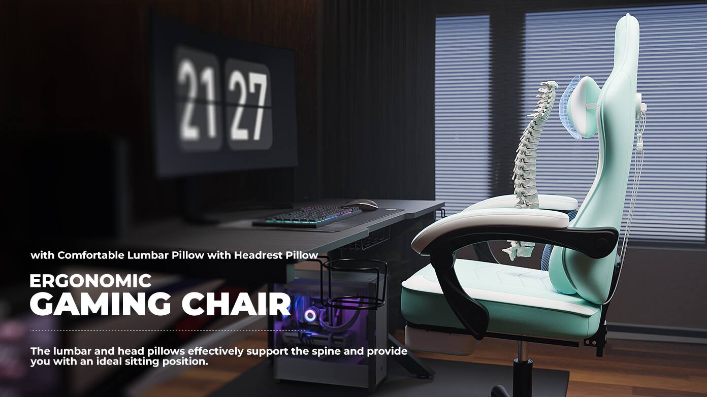 with Comfortable Lumbar Pillow with Headrest Pillow.

ERGONOMIC GAMING CHAIR

The lumbar and head pillows effectively support the spine and provide you with an ideal sitting position.