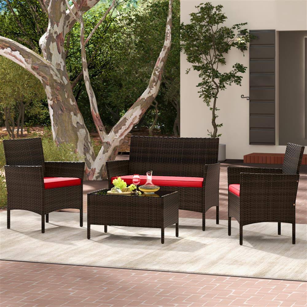 Alt View 2. Kadyn - Patio Furniture Sets,Outdoor & Patio Furniture Sets,4 Piece Patio Rattan Conversation Set with Cozy Seat Cushions-Red - Red.