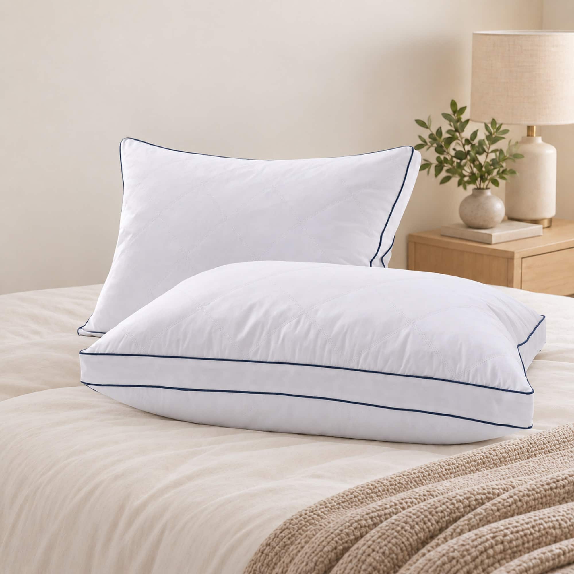 Peace Nest - Goose Feather Down Pillow Quilted Cotton Cover Set of 2 - White