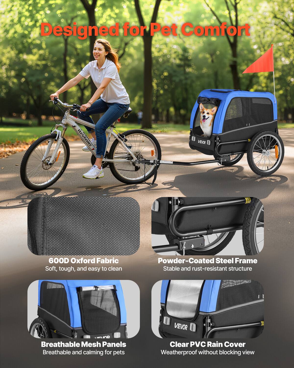 Designed for Pet Comfort

- 600D Oxford Fabric
  - Soft, tough, and easy to clean

- Powder-Coated Steel Frame
  - Stable and rust-resistant structure

- Breathable Mesh Panels
  - Breathable and calming for pets

- Clear PVC Rain Cover
  - Weatherproof without blocking view