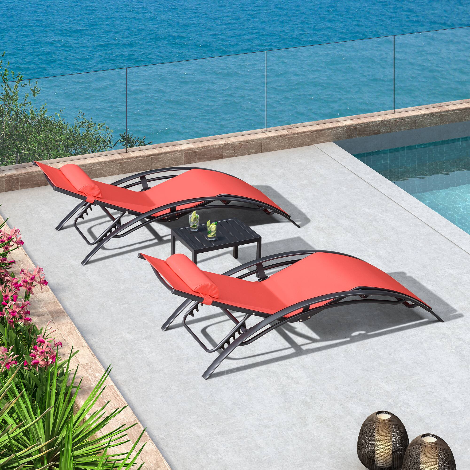 Alt View 2. PURPLE LEAF - 3-Pieces Aluminum Outdoor Chaise Lounge Patio Lounge Chair with Side Table, Coral Red - Coral Red.