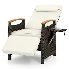 Gymax - Patio Rattan Lounge Chair PE Wicker Recliner Chair w/ Adjustable Backrest & Footrest White - Mix Brown, Off White