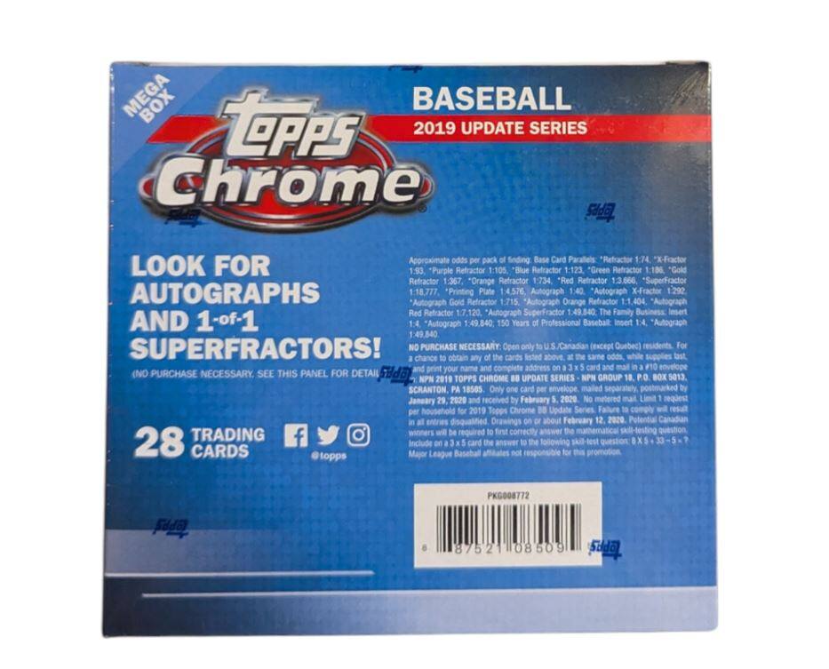 **BASEBALL 2019 UPDATE SERIES**

**MEGA BOX**

**Topps Chrome**

**LOOK FOR AUTOGRAPHS AND 1-of-1 SUPERFRACTORS!**

**Approximate odds per pack of finding Base Card Parallels:**
- Refractor 1:74
- X-Fractor 1:93
- Purple Refractor 1:105
- Blue Refractor 1:123
- Green Refractor 1:186
- Gold Refractor 1:367
- Orange Refractor 1:734
- Red Refractor 1:3,666
- SuperFractor AUTOGRAPHS 1:18,777
- Printing Plate 1:4,576
- Autograph 1:40
- Autograph X-Fractor 1:1292
- Autograph Gold Refractor 1:715
- Autograph Orange Refractor 1:1,404
- Red Refractor 1:7,120
- Autograph SuperFractor 1