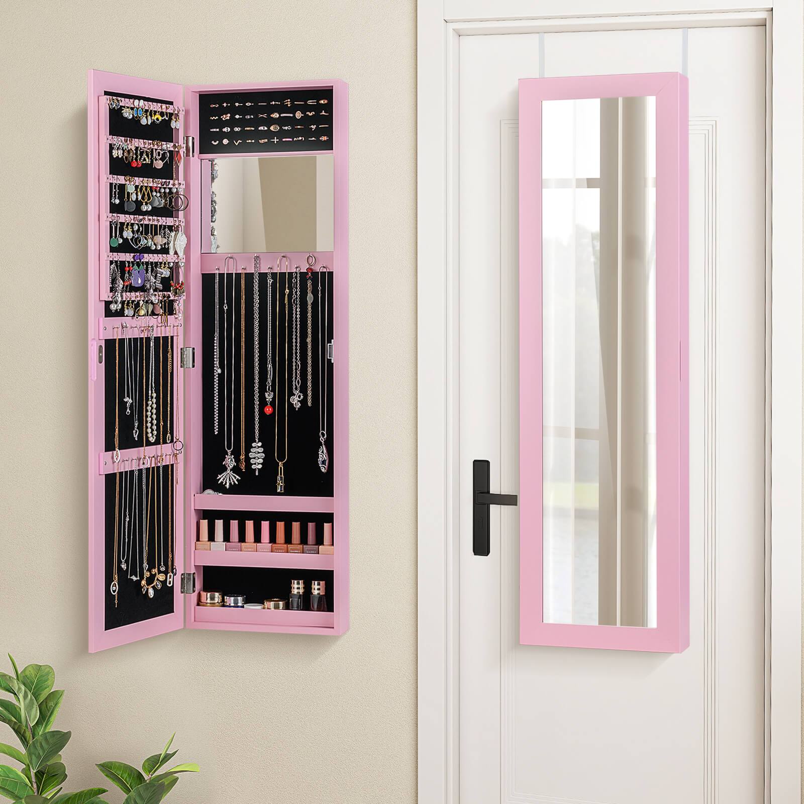 Alt View 1. Costway - Costway Jewelry Cabinet with Full-Length Mirror, Storage Shelves, Built-in Makeup Mirror - Pink.
