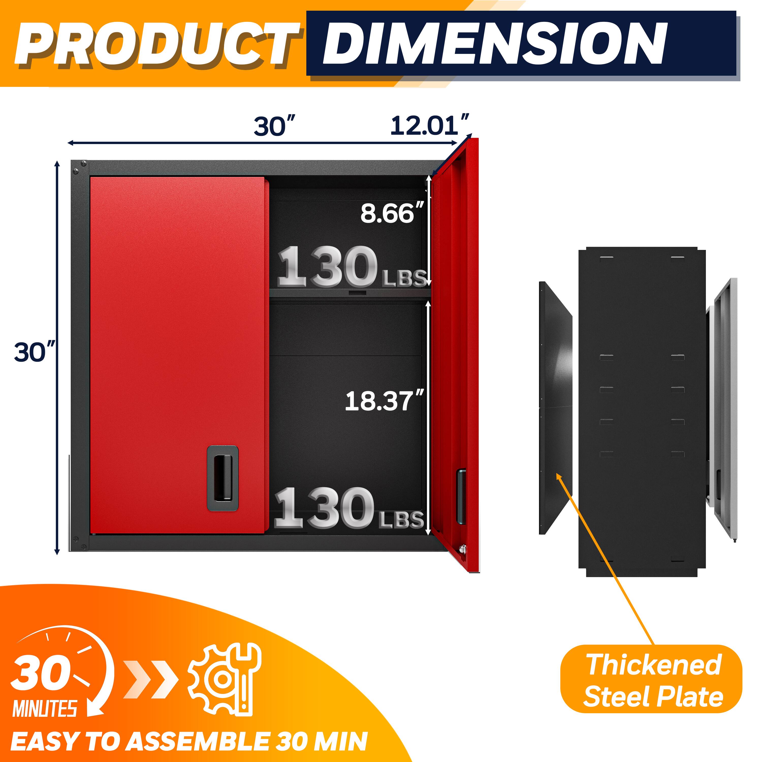 **PRODUCT DIMENSION**

- **Height:** 30"
- **Width:** 12.01"
- **Depth:** 8.66"
- **Weight Capacity:** 130 LBS
- **Height:** 30"
- **Width:** 18.37"
- **Weight Capacity:** 130 LBS

**30 MINUTES EASY TO ASSEMBLE**

**Thickened Steel Plate**