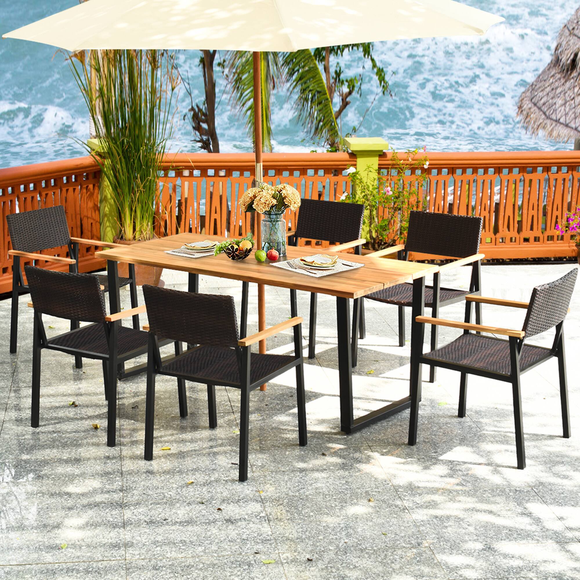 Alt View 4. Gymax - Gymax Patented 7PCS Patio Garden Dining Set Outdoor Dining Furniture Set w/ Umbrella Hole - Black.