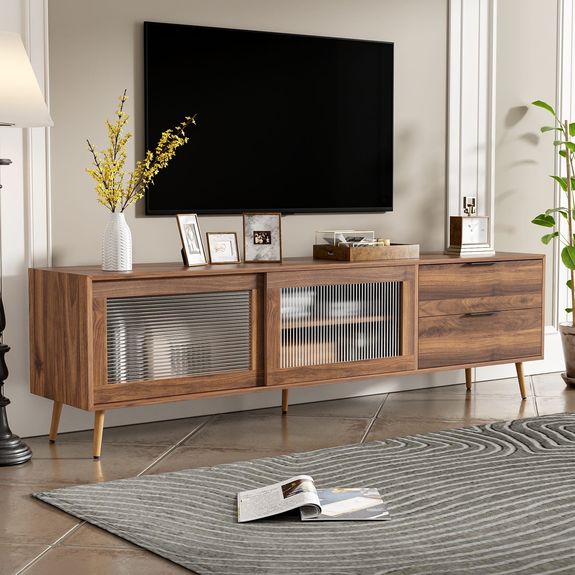 MERAVOM - Modern TV Stand for TVs Up to 80", TV Console with 2 Glass Doors, Entertainment Center with 2 Drawers & Storage Cabinet - Walnut