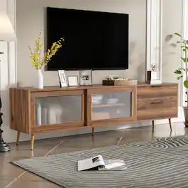 MERAVOM - Modern TV Stand for TVs Up to 80", TV Console with 2 Glass Doors, Entertainment Center with 2 Drawers & Storage Cabinet - Walnut