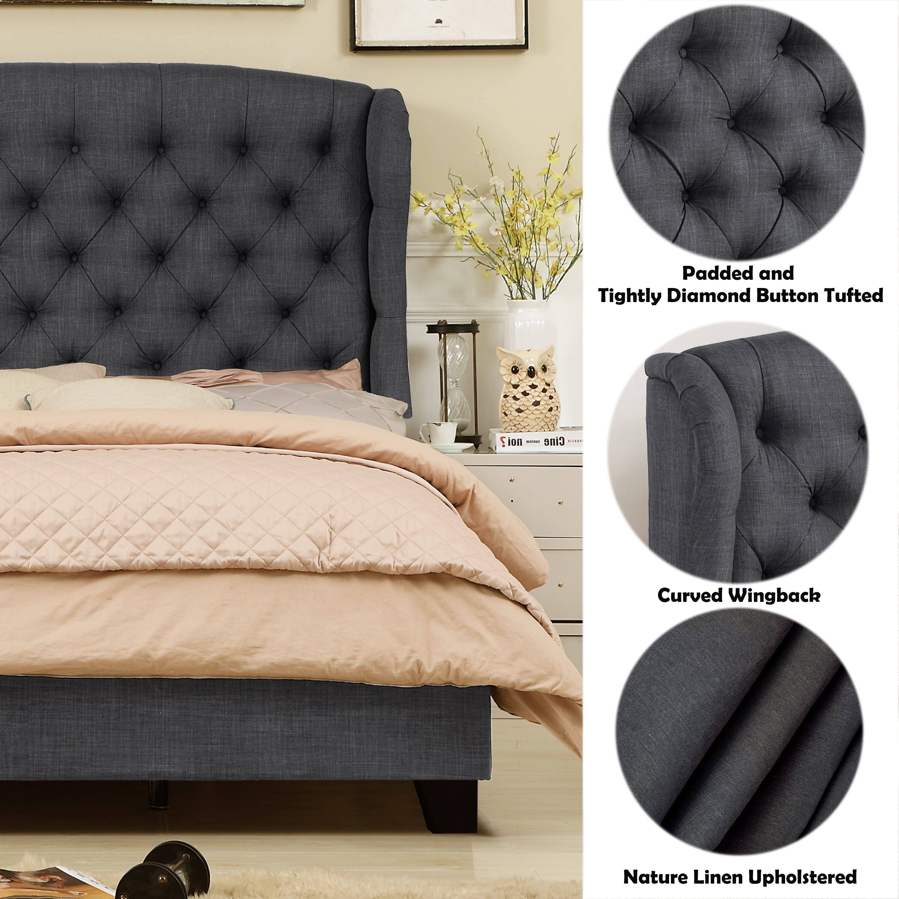 Padded and Tightly Diamond Button Tufted  
Curved Wingback  
Nature Linen Upholstered