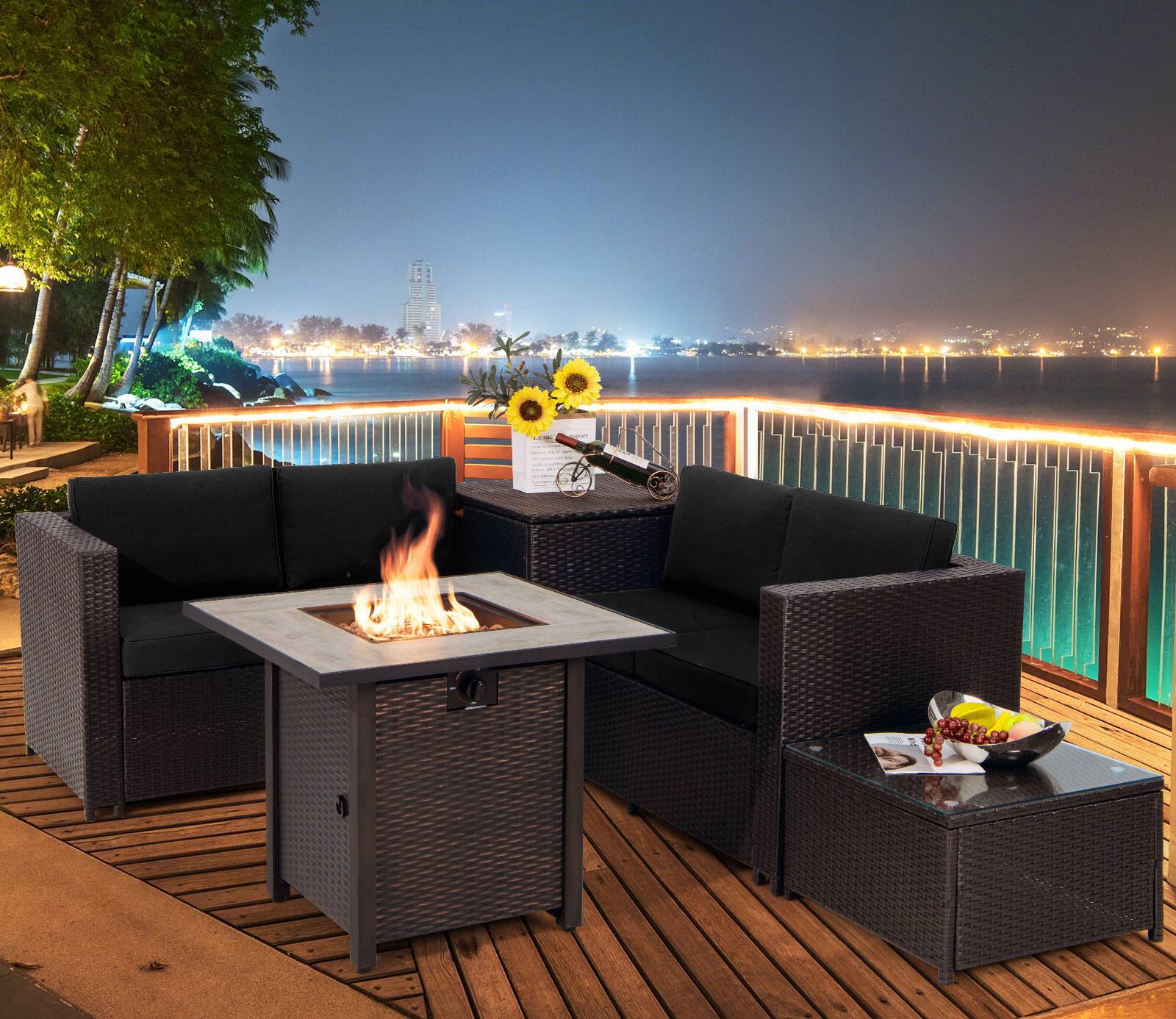 Alt View 1. Gymax - Gymax 5PCS Patio Furniture Set w/30 Inches Gas Fire Pit Table Cushions Storage Box - Multicolor.