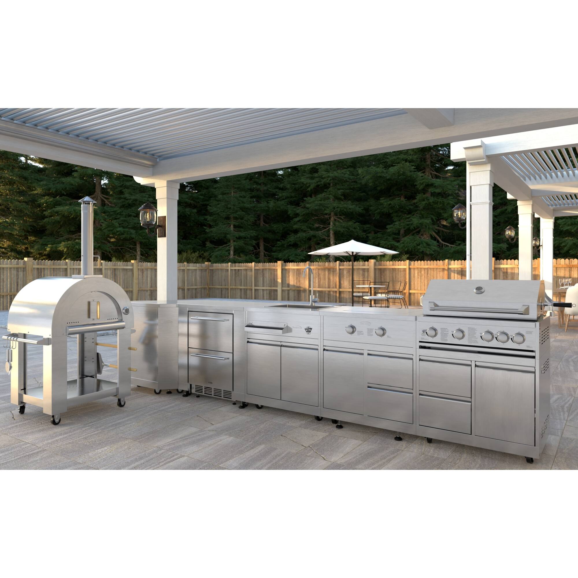 Angle. Koolmore - Wood Fire Pizza Oven, Corner Cabinet, Refrigerator and Cabinet, Sink, Side Burner and 30 in. BBQ Grill with Cabinet - Stainless Steel.