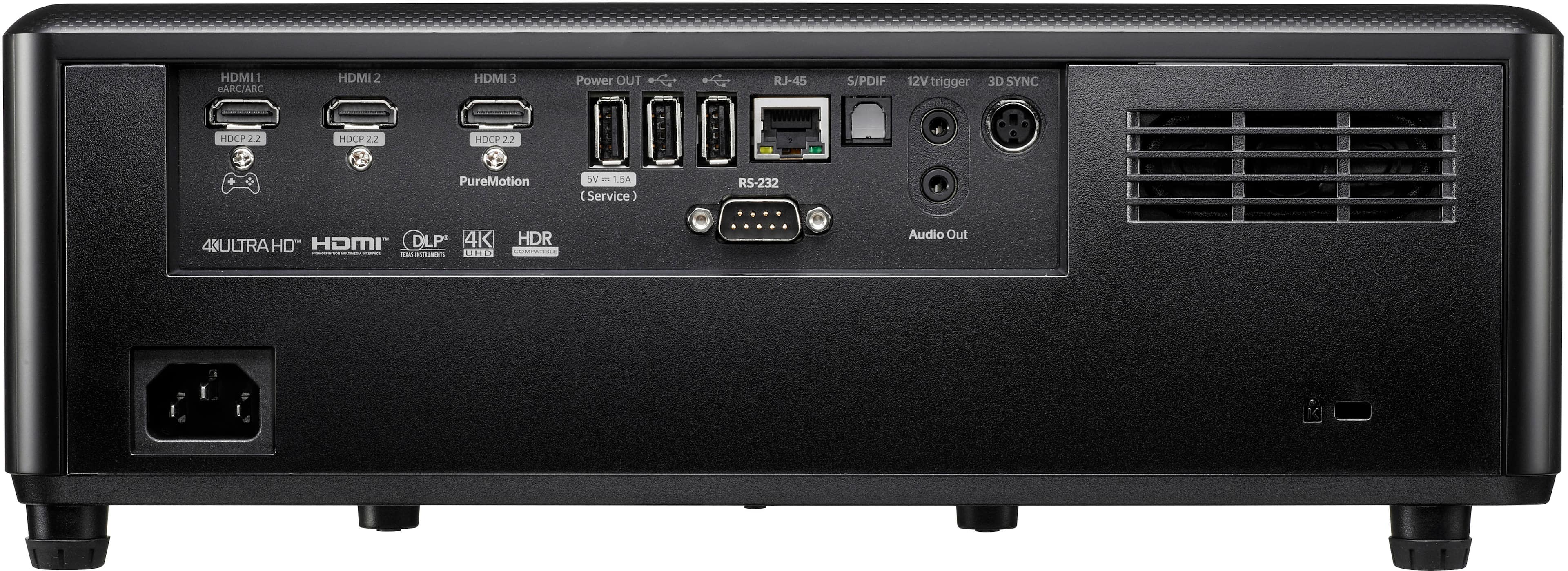 The text on the image reads: "HDMI 1 eARC/ARC HDMI 2 HDMI 3 Power OUT RJ-45 S/PDIF 12V trigger 3D SYNC HOCP 22 HDCP 22 HOCP 22 PureMotion SV - 1.5A Service RS-232 4K ULTRA HD" HOMI DLP 4K NE - XTIE HDR CE Audio Out."