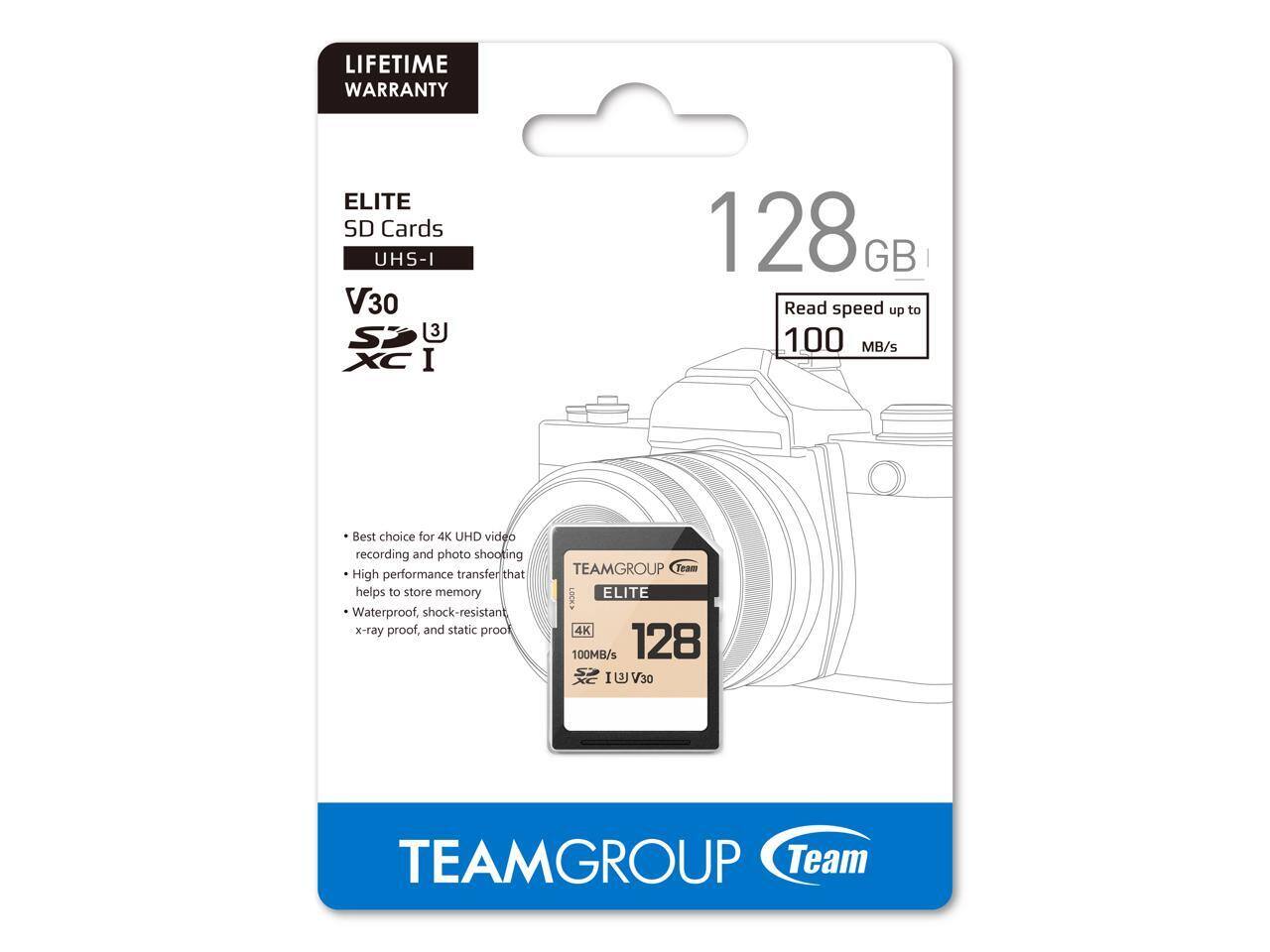 LIFETIME WARRANTY

ELITE SD Cards  
UHS-I V30 S2 XC I

128 GB  
Read speed up to 100 MB/s

- Best choice for 4K UHD video recording and photo shooting
- High performance transfer that helps to store memory
- Waterproof, shock-resistant, x-ray proof, and static proof

TEAMGROUP Team ELITE 4K 100MB/s 128GB V30
