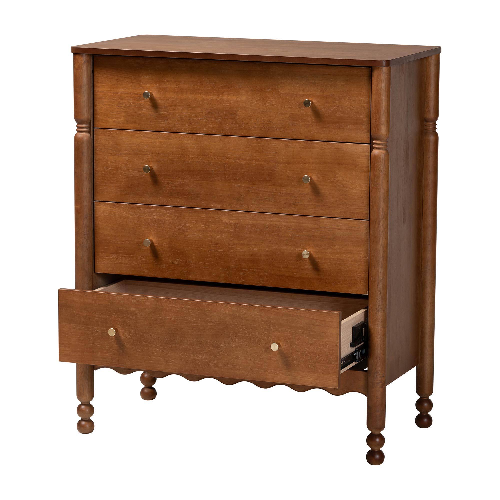 Angle. Baxton Studio - Hoffman Chest - 4-Drawer Vertical Storage Cabinet with Scalloped Apron and Turned Legs for Bedroom - Walnut Brown.