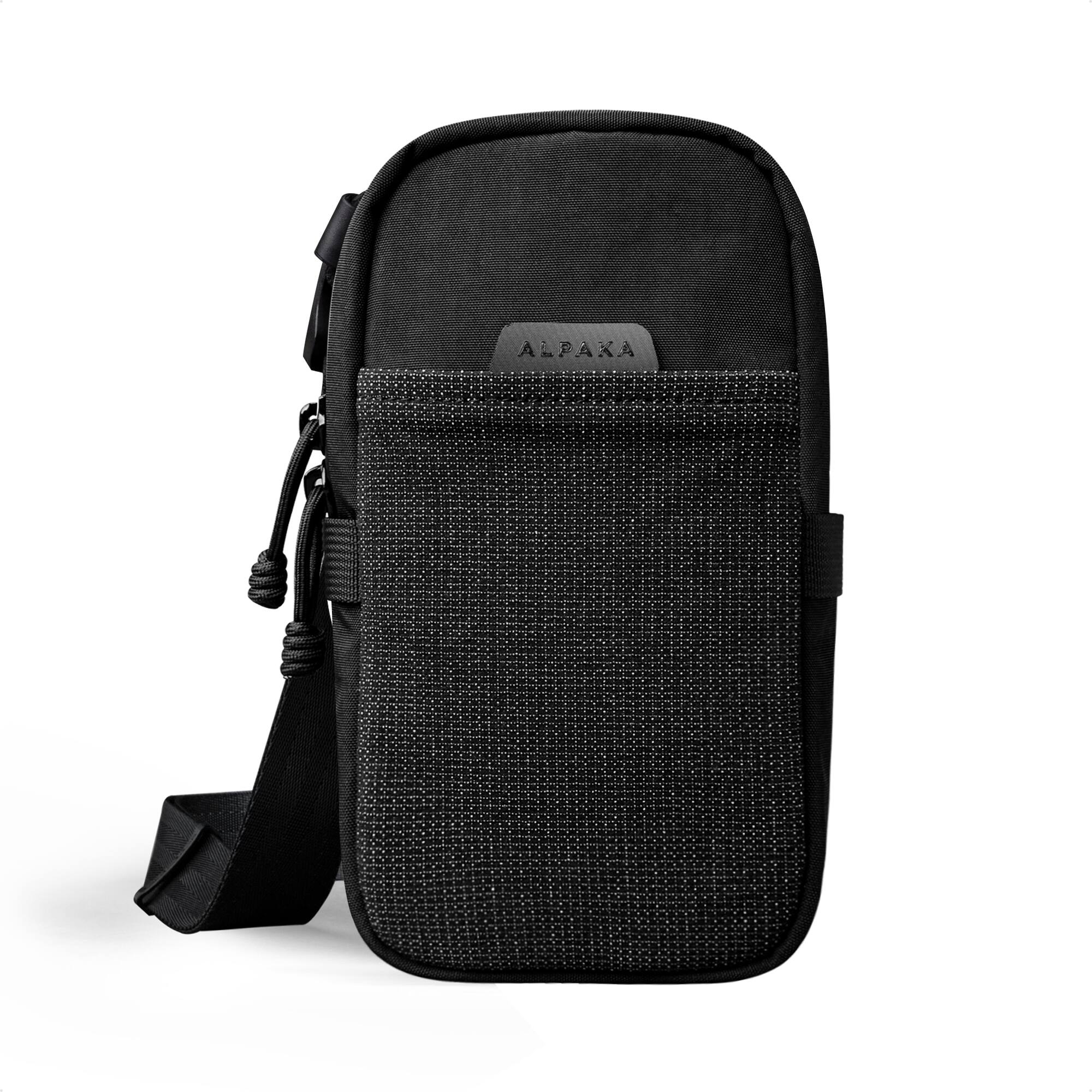 Front. ALPAKA - Crossbody Phone Bag & EDC Organizer - Modular Shoulder Pocket Max for Travel, Weather-Resistant - Black Axoflux 400D Washed Nylon.