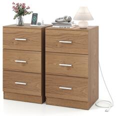Front. Costway - Costway Nightstand with Charging Station, 3 Storage Drawers, Bedside Table for Bedroom - Natural.